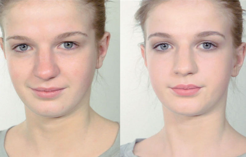 Image avant et après d'un maquillage anti-rougeurs, par Louise Wittlich, maquilleuse professionnelle et coach beauté