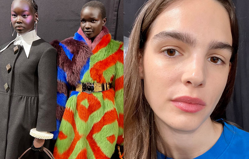 Des modèles au backstage du défilé Gucci, la mannequin à droite est maquillée par Louise Wittlich